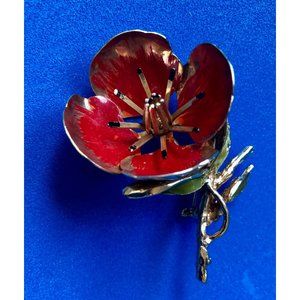 Vintage Red and Green Enamel Poppy Dimensional Brooch